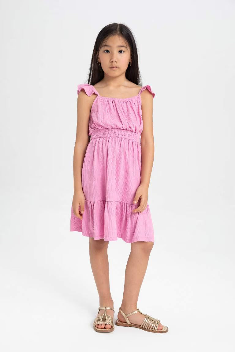 Girl Strappy Wrinkled Dress - - Pink