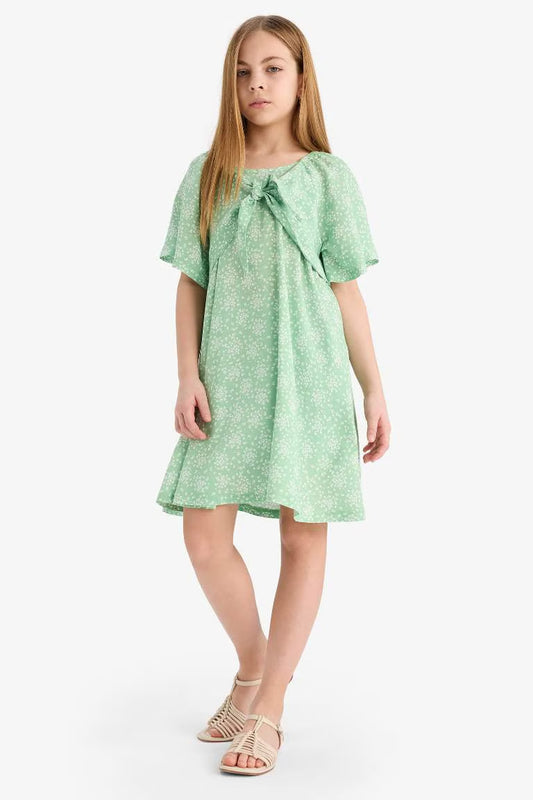 Girl Patterned Viscose Short Sleeve Dress - - light green