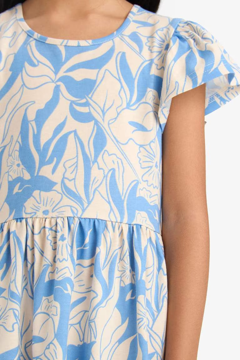 Girl Crew Neck Patterned Short Sleeve Dress - -