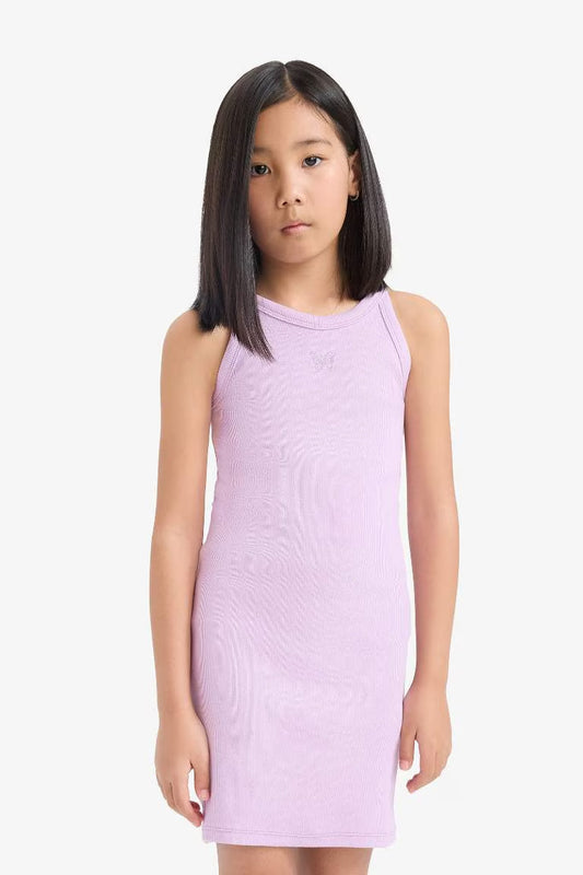Fitted Crew Neck Corduroy Sleeveless Dress - - lavender