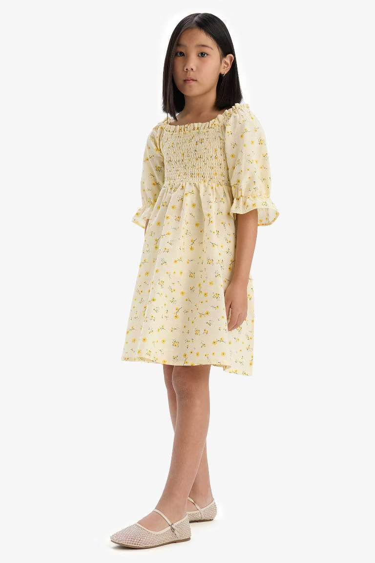 Girl Patterned Cotton Short Sleeve Dress - -