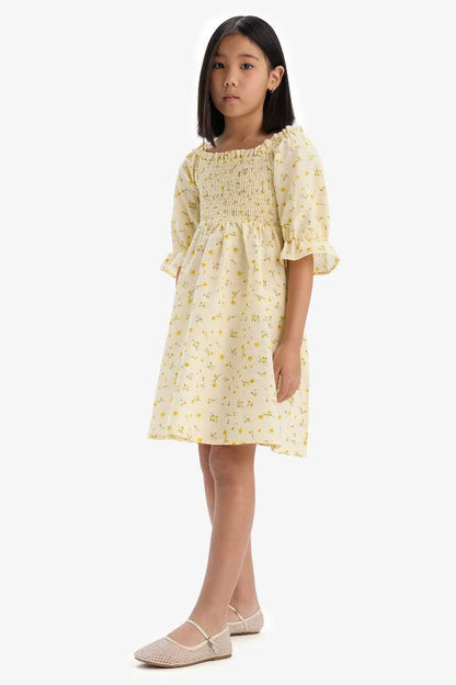 Girl Patterned Cotton Short Sleeve Dress - -