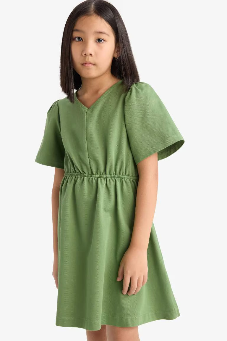 Girl Standard Fit V Neck Gabardine Short Sleeve Dress - - Green