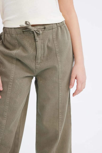 Girl Cotton Wide Leg Trousers - - olive green