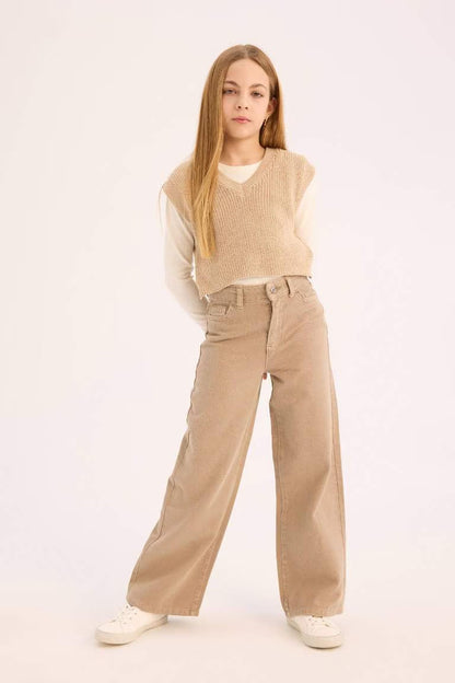 Girl Wide Leg Cotton Cargo Jeans - -