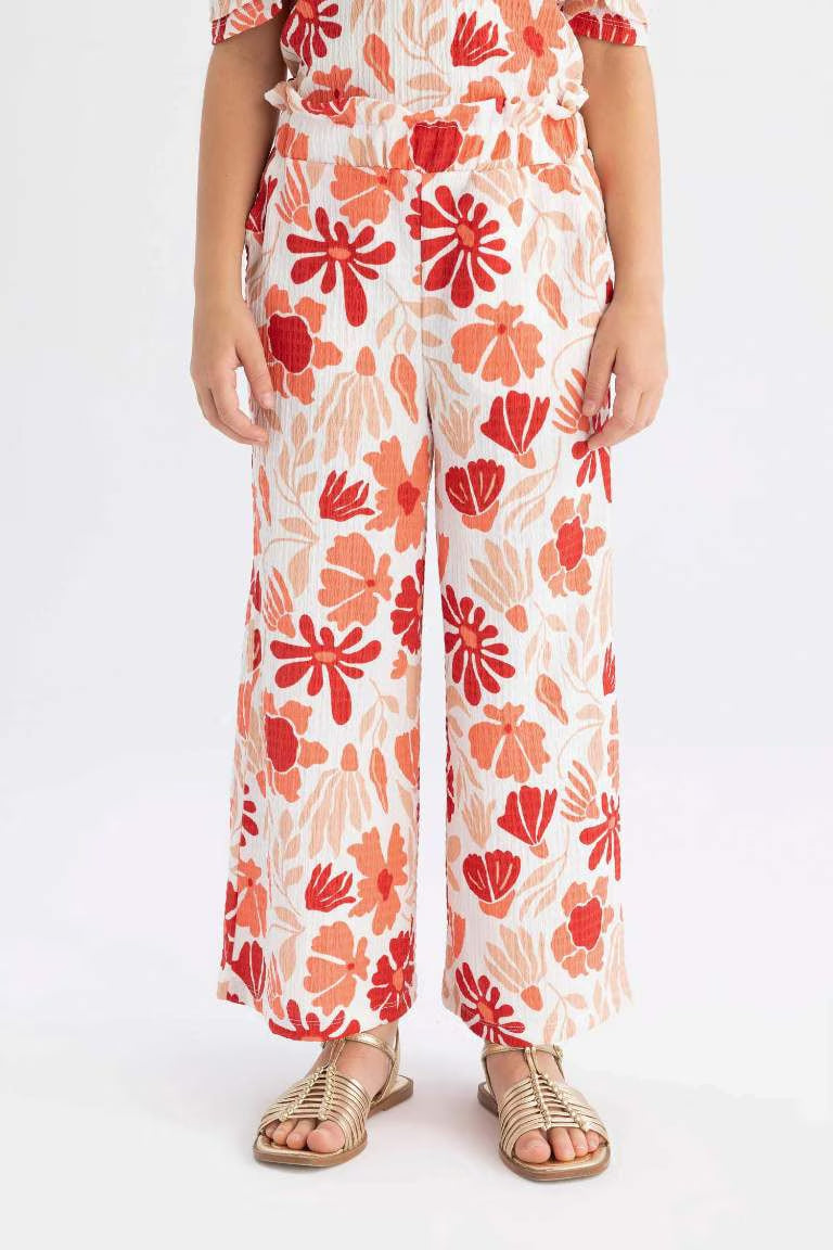 Girl Wide Leg Floral Wrinkled Trousers - - Spring Red