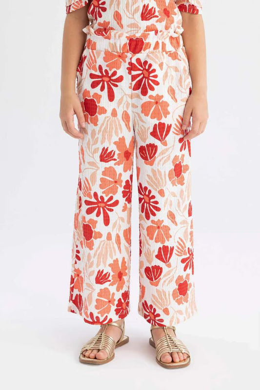 Girl Wide Leg Floral Wrinkled Trousers - - Spring Red