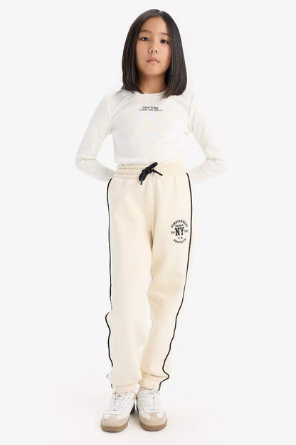Girl Elastic Waist Printed Cotton Jogger Sweatpants - - Beige