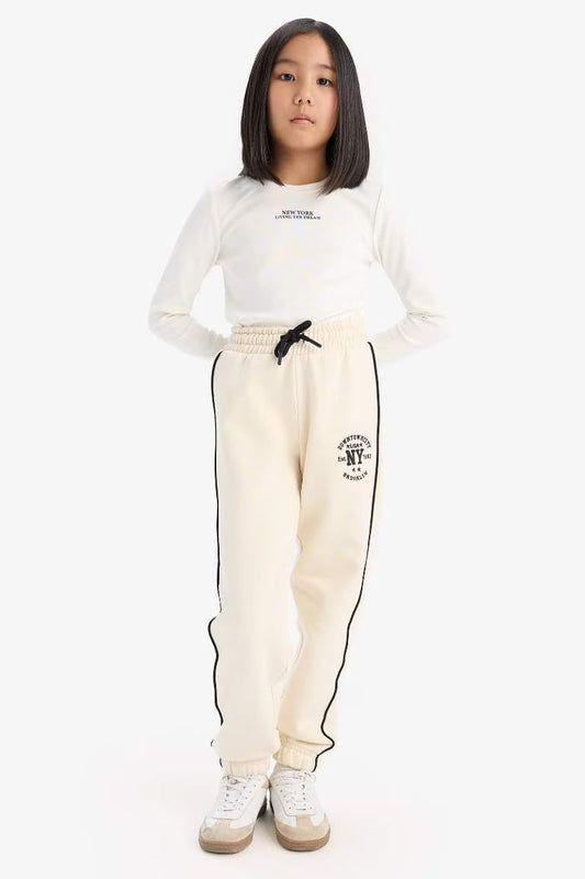 Girl Elastic Waist Printed Cotton Jogger Sweatpants - - Beige