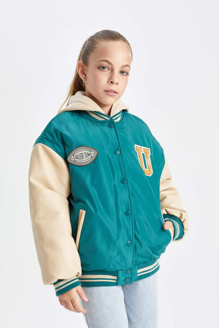 Girl Removable Hooded College Collar Bomber Jacket - -