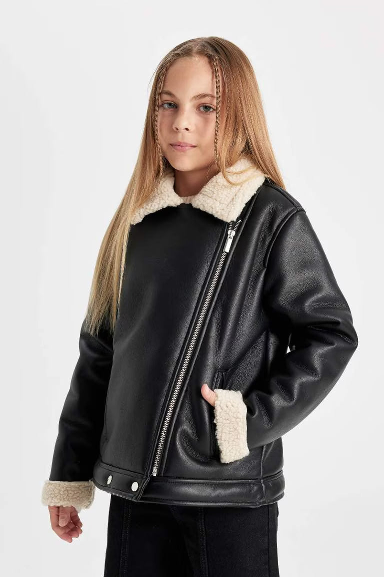 Girl Waterproof Jacket Collar Plush Lining Faux Leather Jacket - - Black