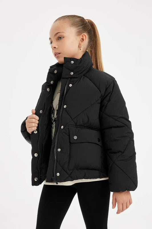 Girl Stand Collar Pocket Waterproof Puffer Jacket - - Black