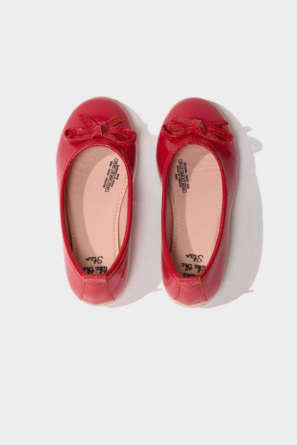 Girl Red Faux Leather Ballerina Flat Shoes - -