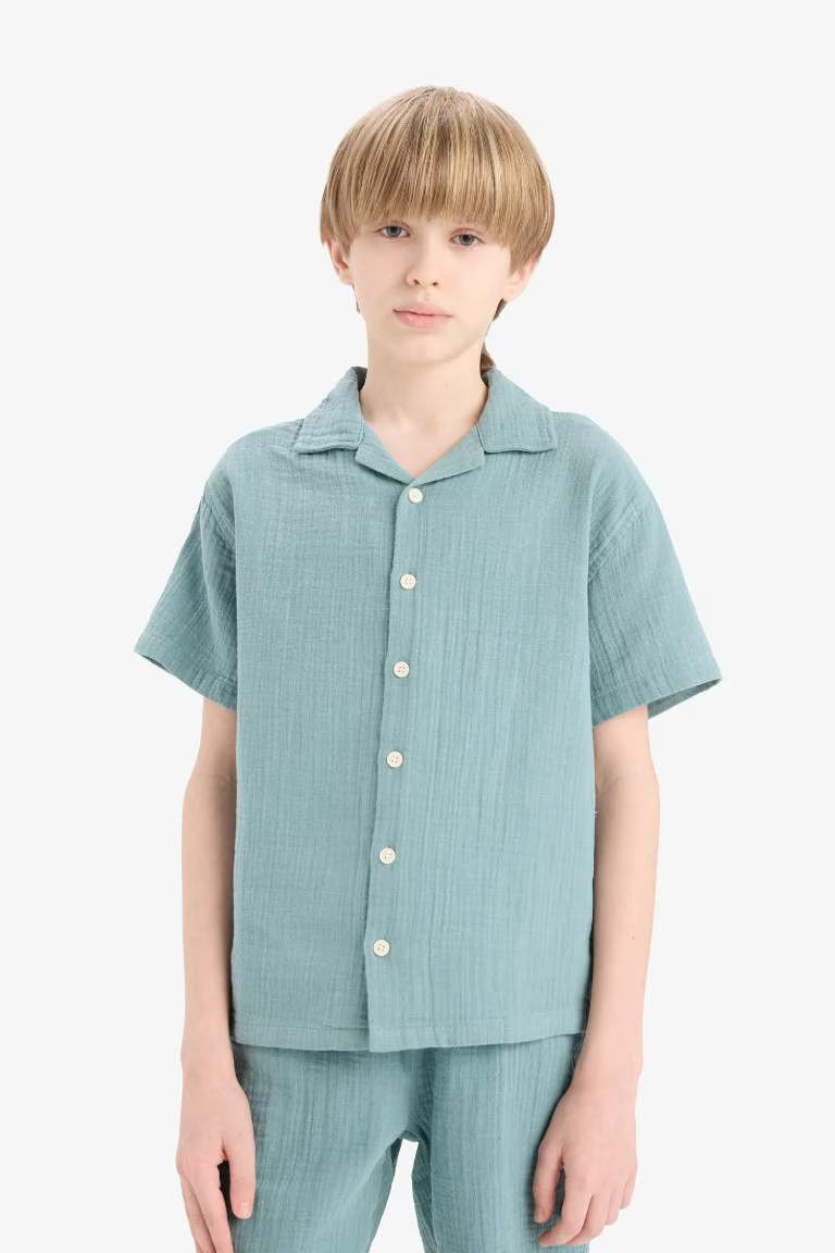 Boy Oversize Fit Polo Neck Muslin Shirt - - Green