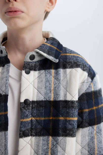 Boy Oversize Fit Polo Neck Flannel Snap Closure Shirt Jacket - -