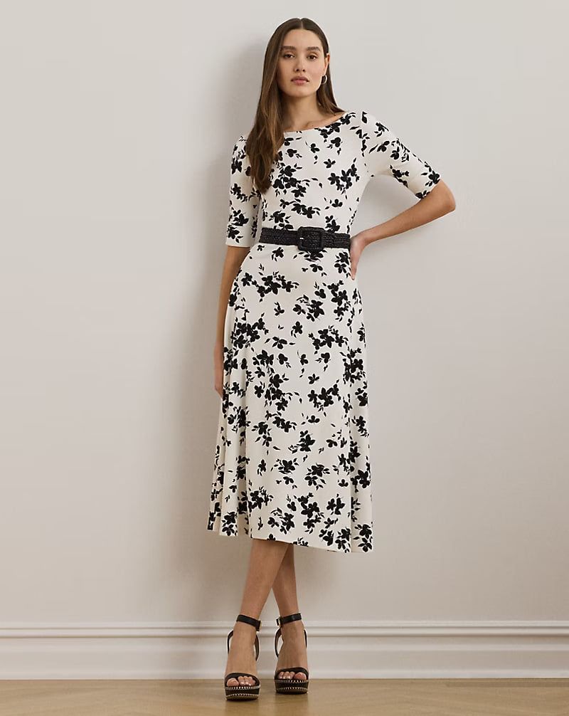 Floral Stretch Cotton Midi Dress - -