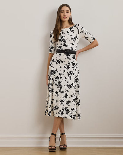 Floral Stretch Cotton Midi Dress - -