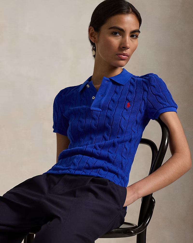 Cable-Knit Polo Shirt - - Royal blue