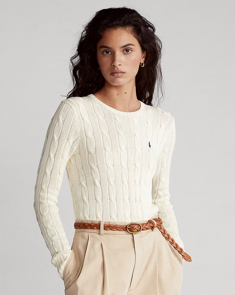 Cable-Knit Cotton Crewneck Sweater - - cream
