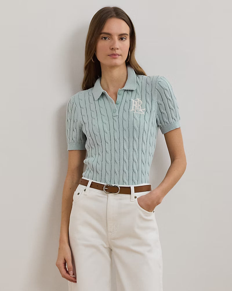 Cable-Knit Cotton Polo Sweater - - aqua pearl