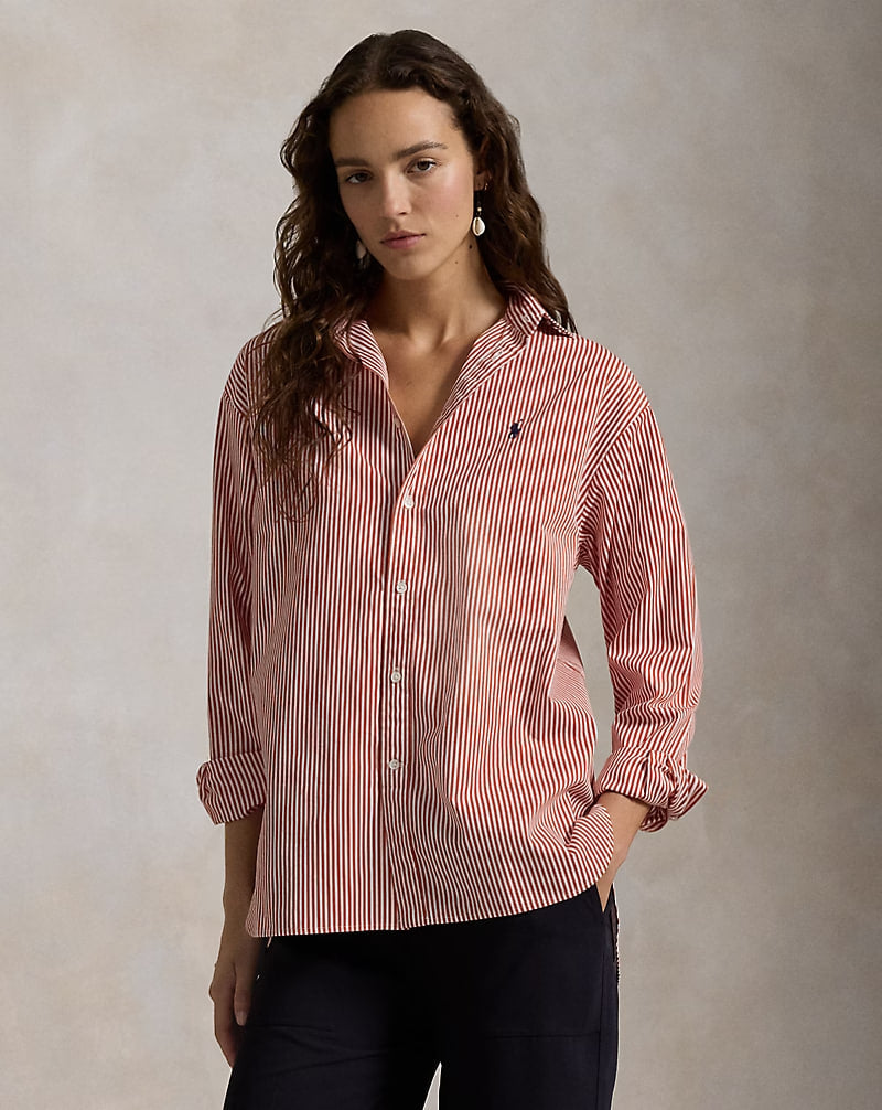 Relaxed Fit Striped Cotton Shirt - - Spring Red