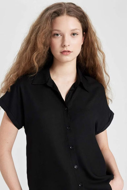 Regular Fit Shirt Collar Viscose Short Sleeve Shirt - - Black
