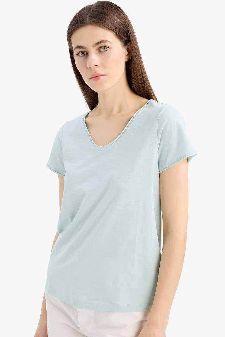 Regular Fit V Neck Basic T-Shirt - - sky