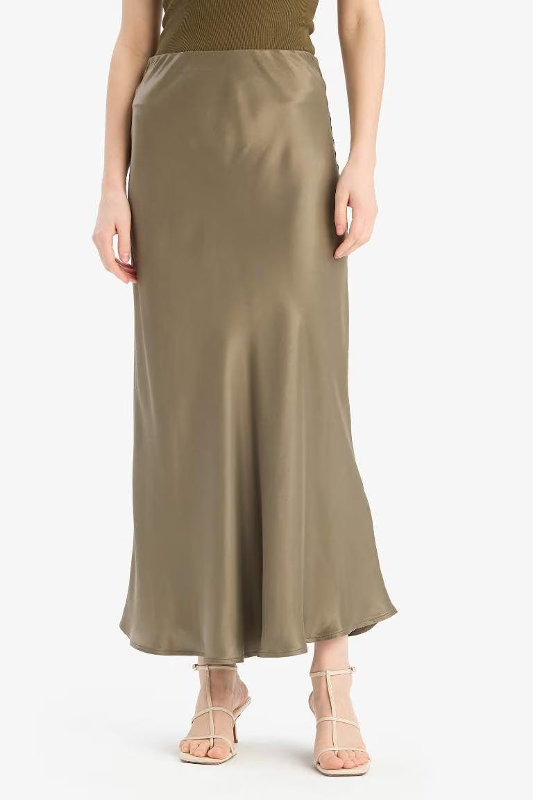 A Cut Satin Normal Waist Midi Skirt - - khaki