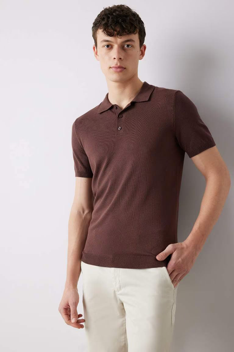 Standard Fit Short Sleeve Knitwear Polo T-Shirt - - cinnamon
