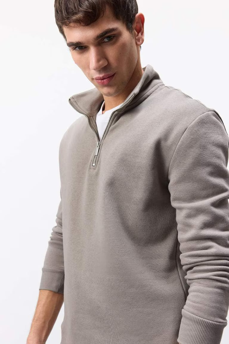 Comfort Regular Fit Relaxed Fit Zippered Basic Sweatshirt - - khaki