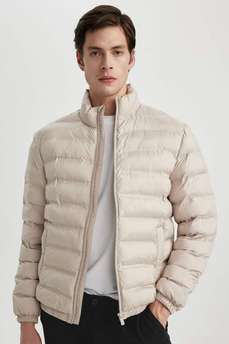 Slim Fit Stand Collar Jacket - - stone