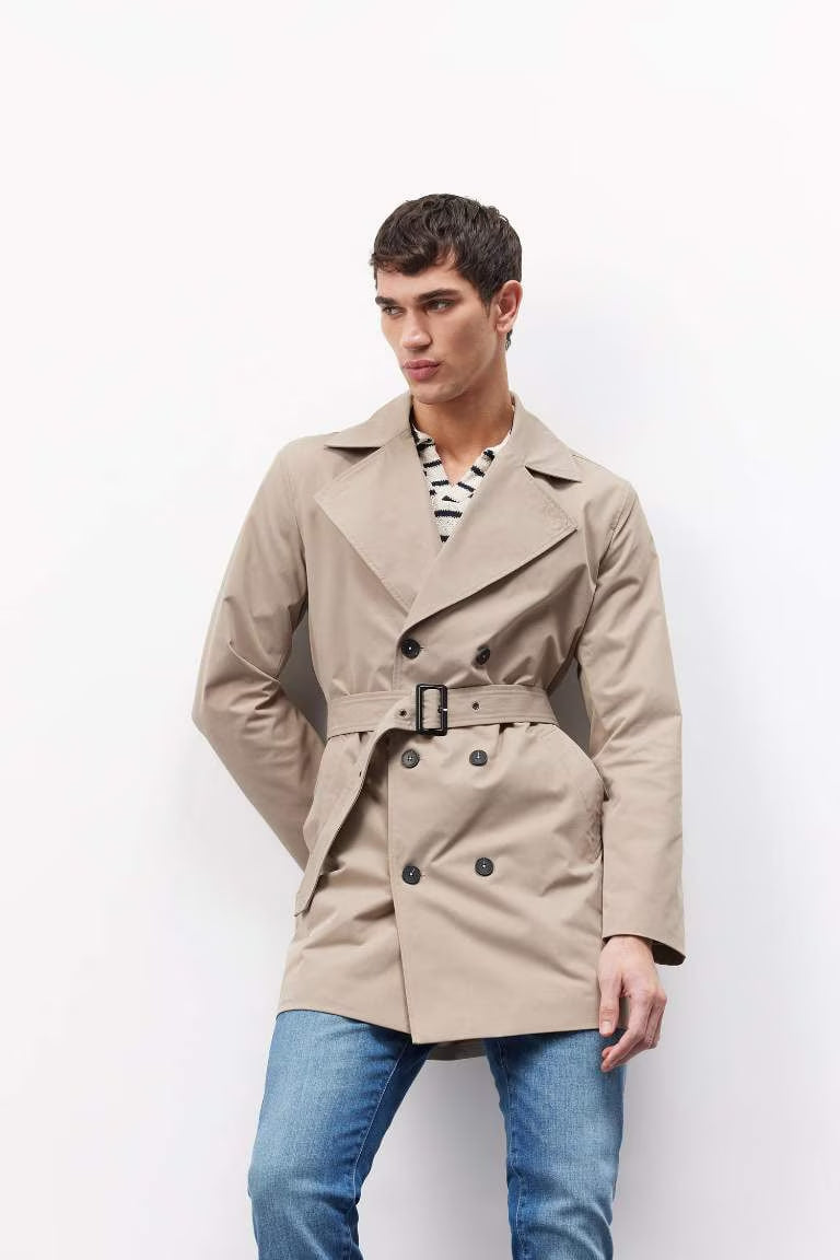Slim Fit Buttoned Belted Trench Coat - -