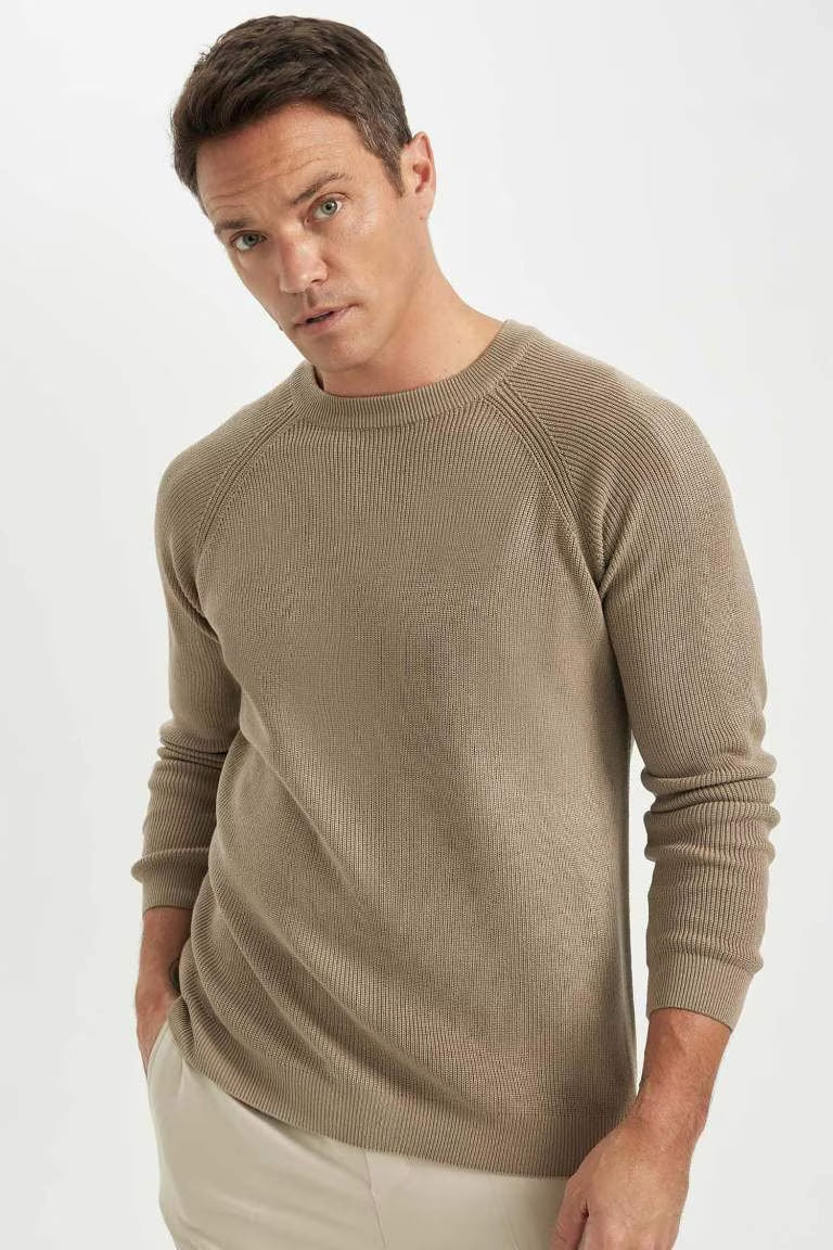 Standard Fit Crew Neck Basic Knitted Pullover - - Beige