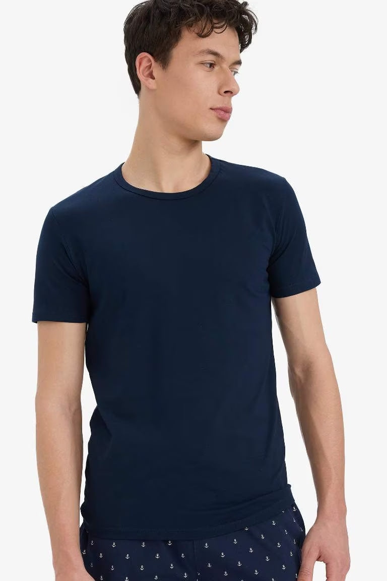 Slim Fit Short Sleeve Knitted Tops - - Navy