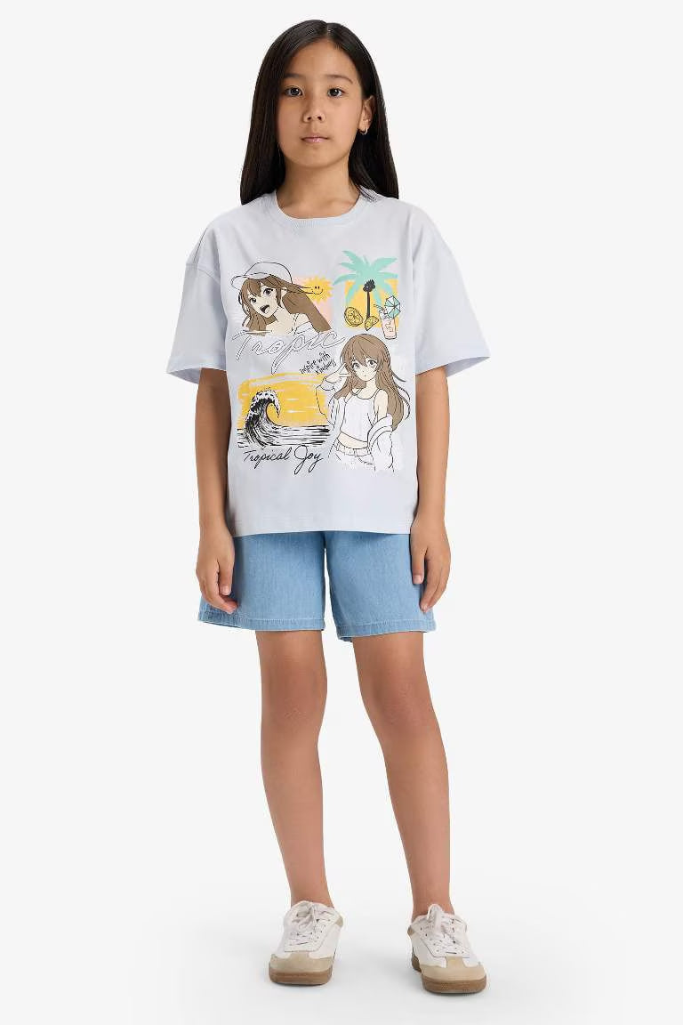 Girl Oversize Fit Crew Neck Slogan Printed T-shirt - - sky