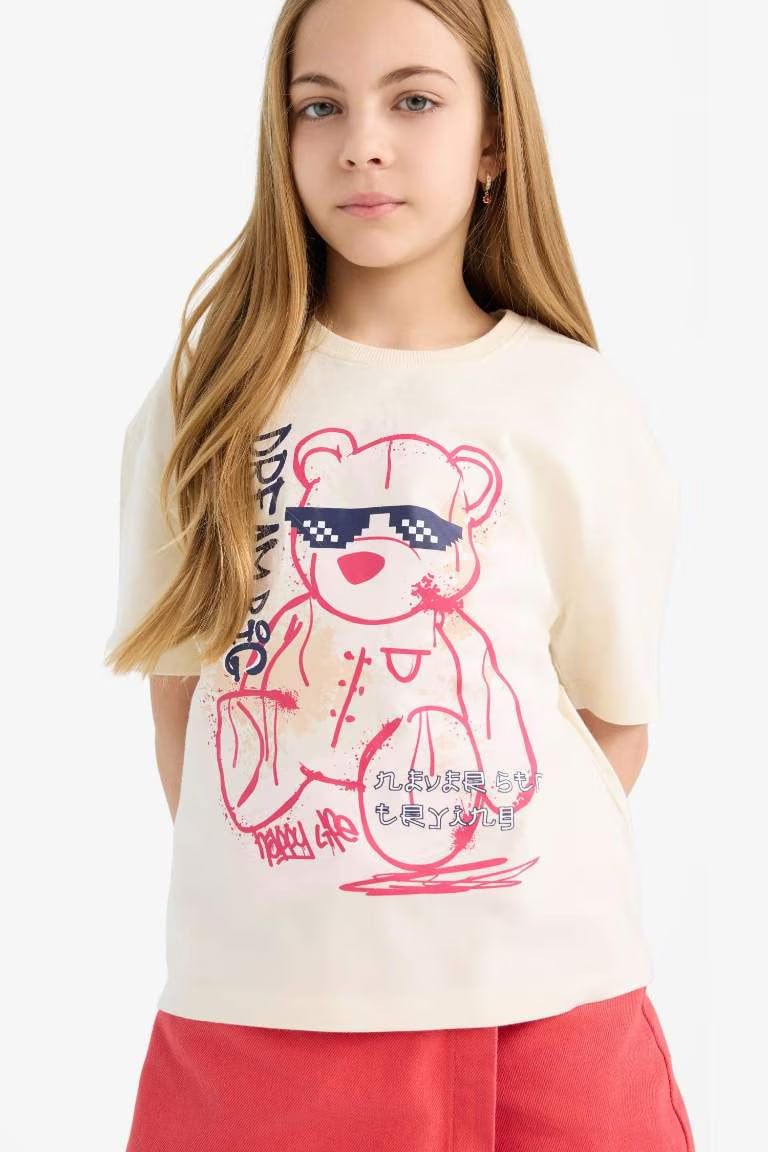 Girl Relax Fit Crew Neck Short Sleeve T-Shirt - - Ecru
