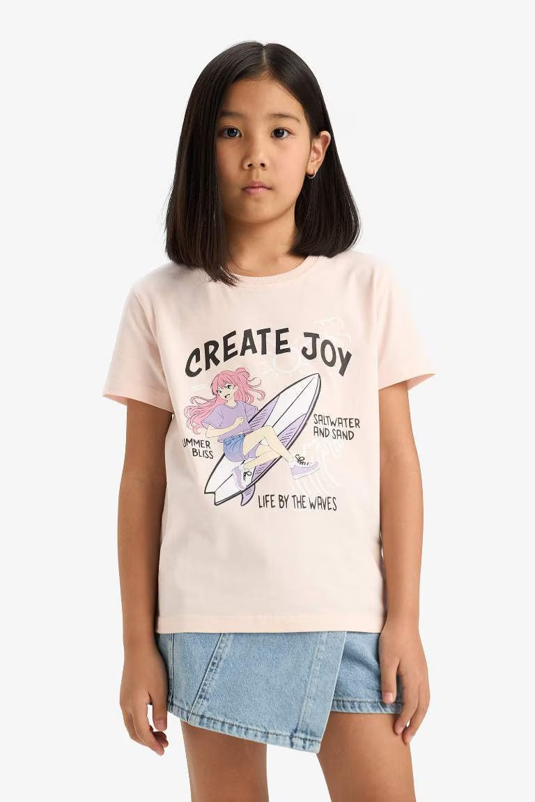 Girl Regular Fit Crew Neck Anime Printed T-Shirt - - Pink