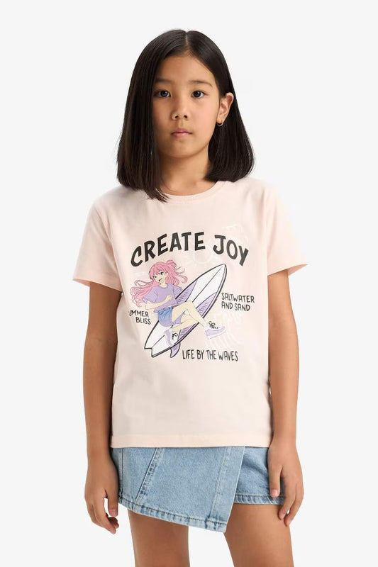 Girl Regular Fit Crew Neck Anime Printed T-Shirt - - Pink
