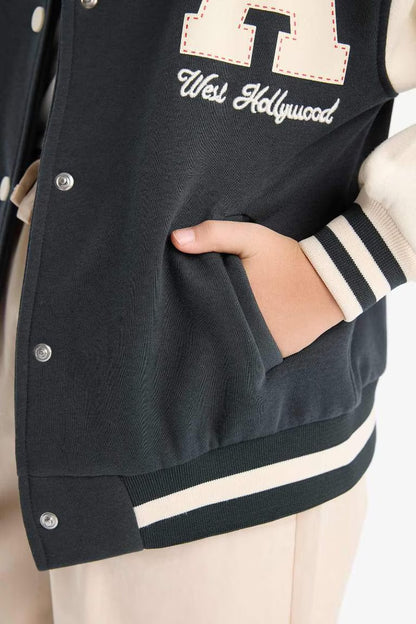 Girl Printed College Collar Soft Furry Inside Bomber Jacket - -