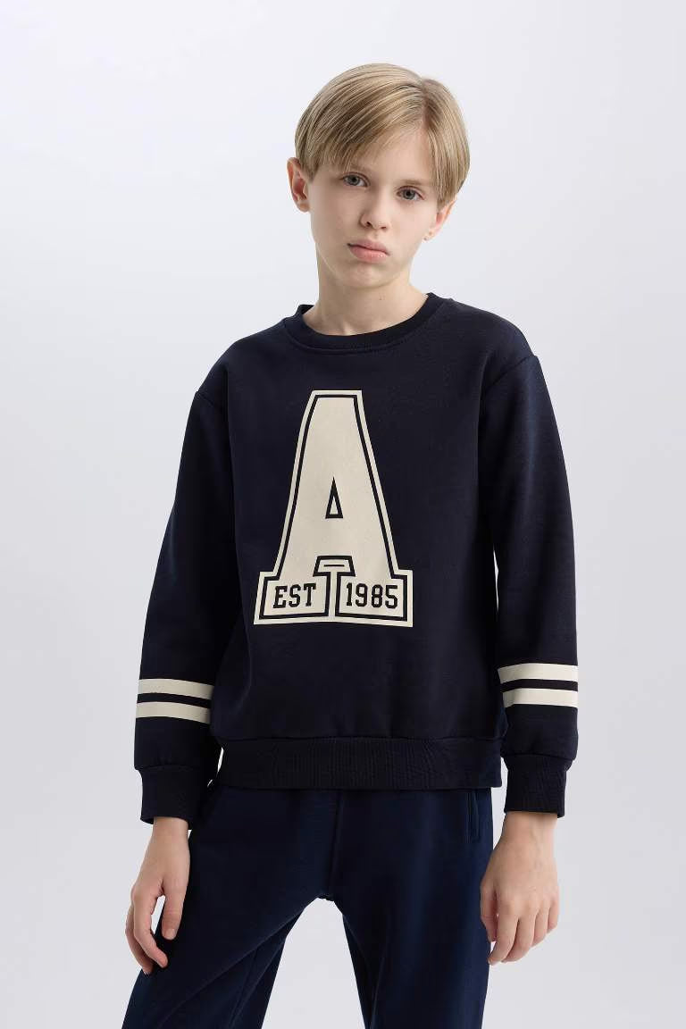 Boy Crew Neck Printed Sweatshirt - - Navy