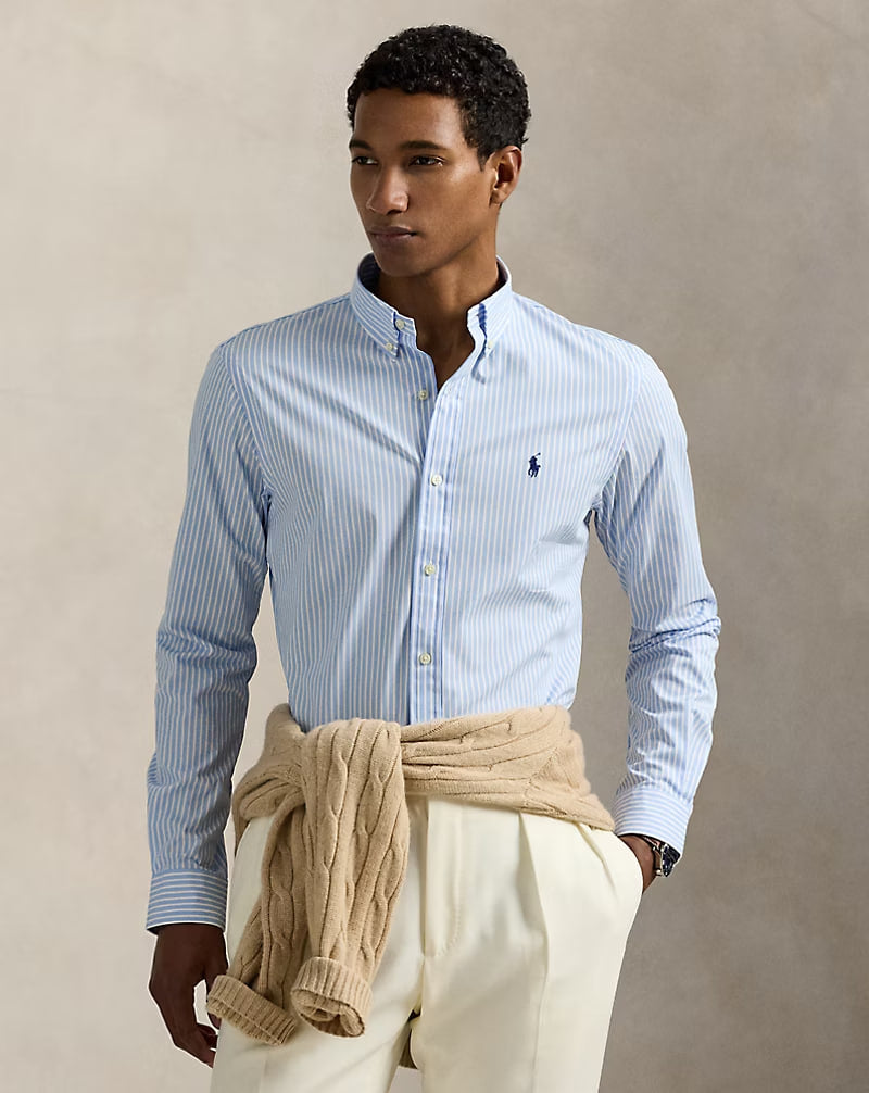 Striped Stretch Poplin Shirt - - aqua pearl