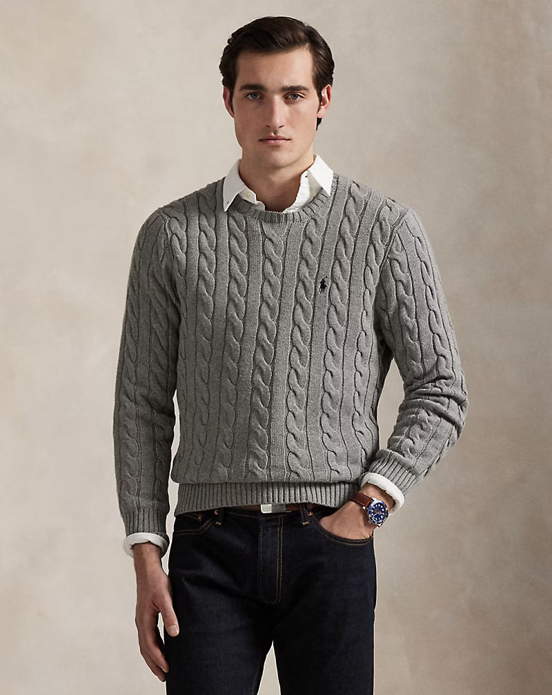 Cable-Knit Cotton Sweater - - Gray