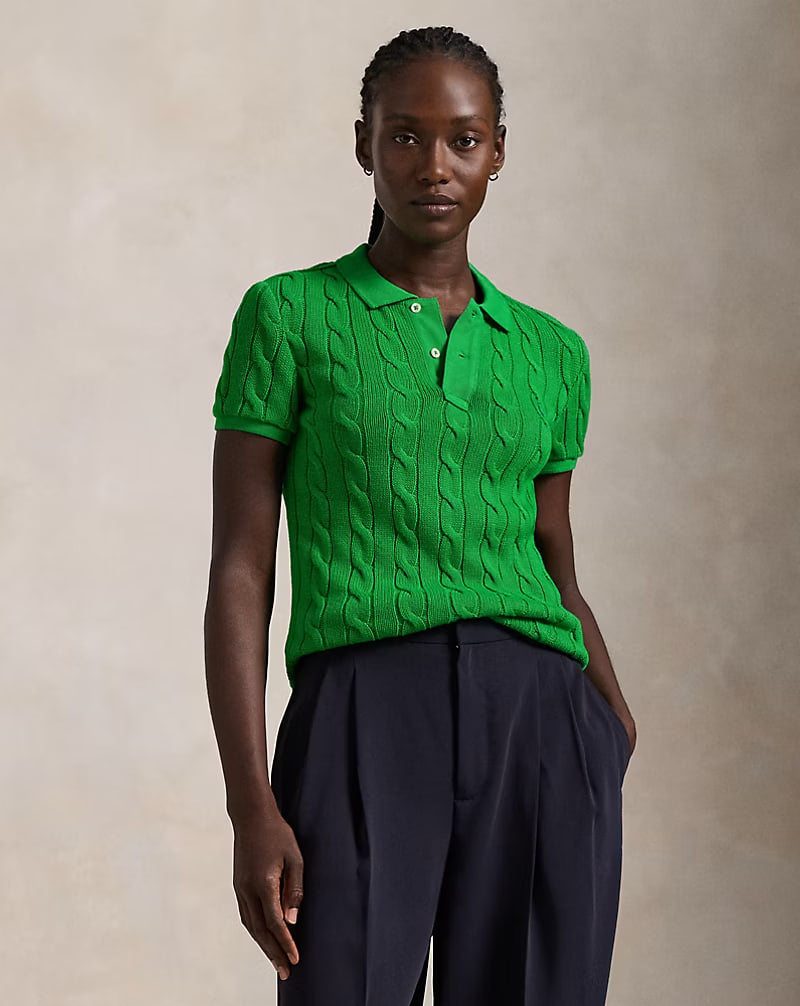 Cable-Knit Polo Shirt - - Green