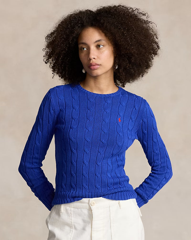Cable-Knit Cotton Crewneck Sweater - - Blue