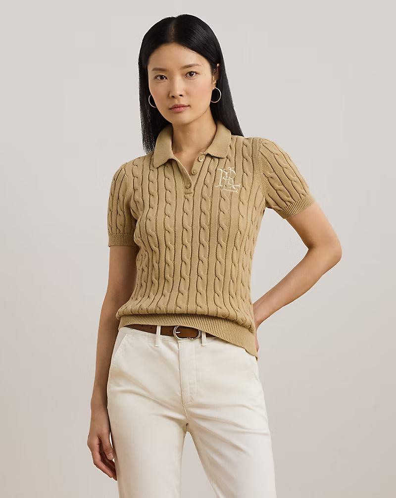 Cable-Knit Cotton Polo Sweater - - surrey tan