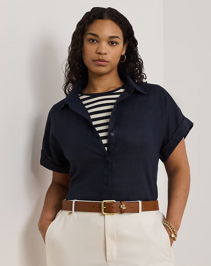 Relaxed Fit Linen Short-Sleeve Shirt - - Navy