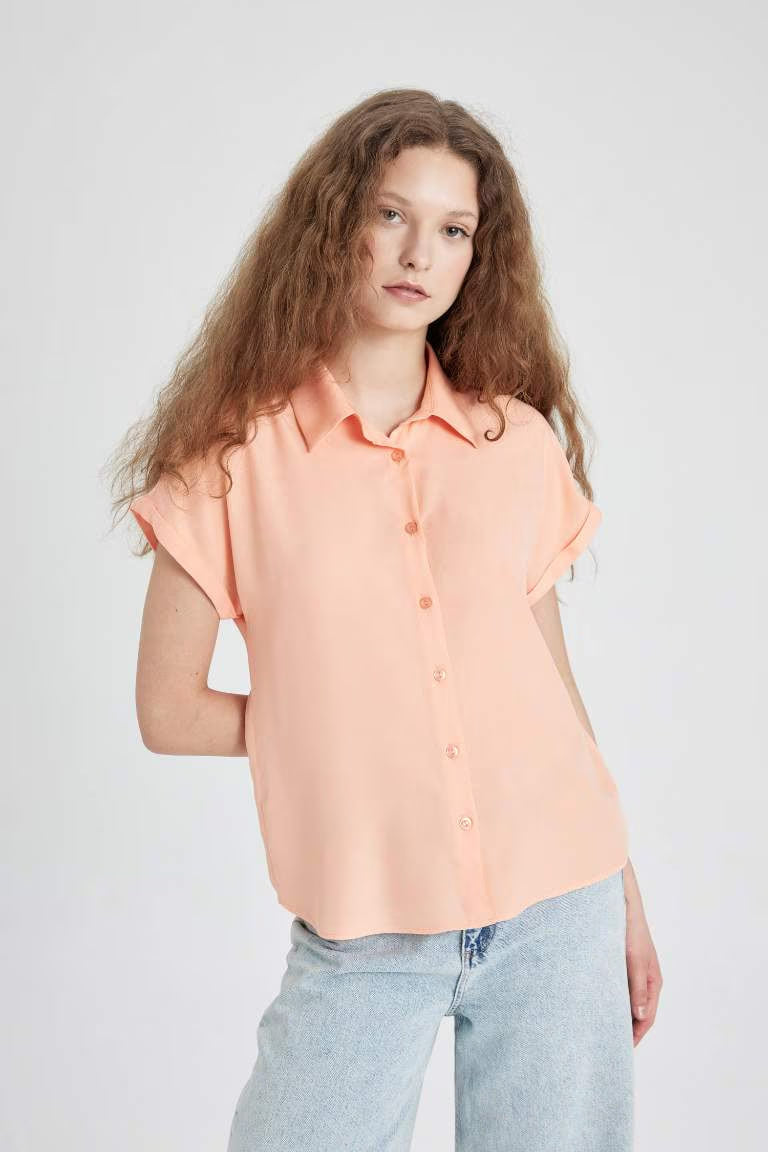 Regular Fit Shirt Collar Viscose Short Sleeve Shirt - - Salmon
