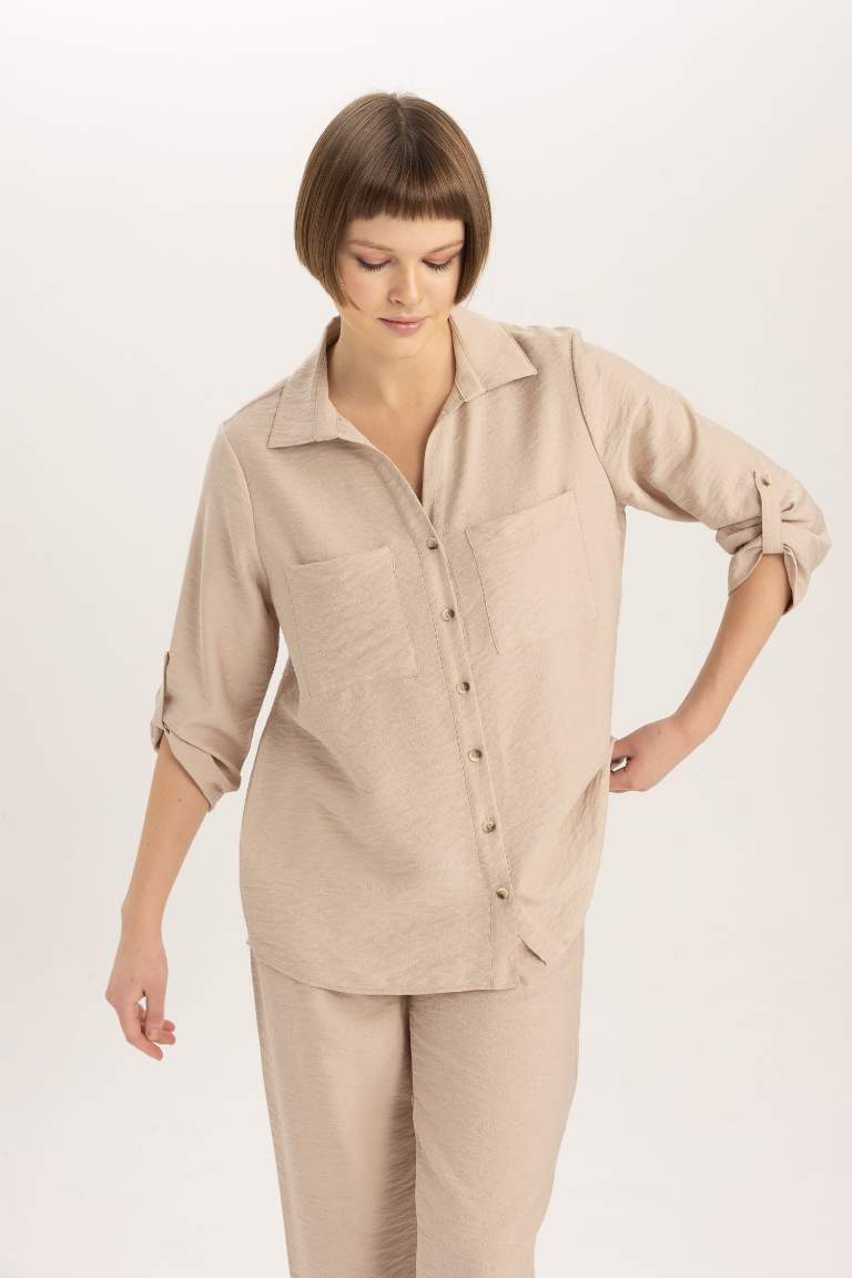 Regular Fit Shirt Collar Long Sleeve Shirt - - Beige