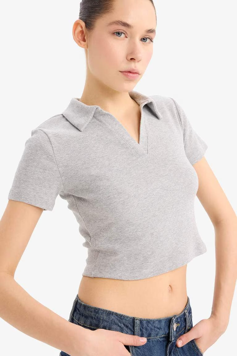 Slim Fit Polo Collar Camisole Short Sleeve T-Shirt - - Heather