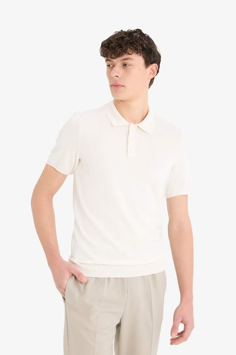 Standard Fit Short Sleeve Knitwear Polo T-Shirt - - White
